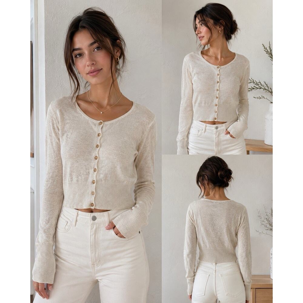 Jenni Kayne Cream Linen Blend Cropped Cardigan XS